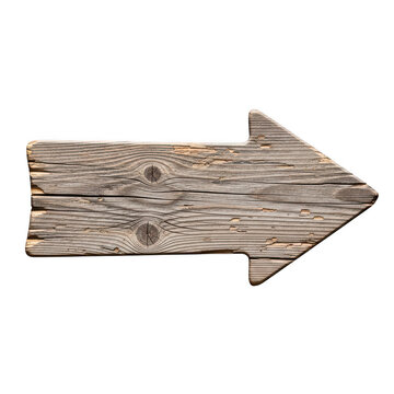 Rustic wooden arrow sign isolated on white background for directional signage design