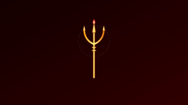 Golden trident animation on dark red background, glowing devil pitchfork motion graphic, hellish mythological weapon video loop