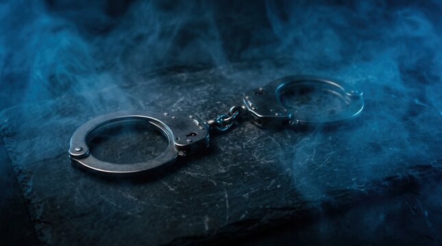 Metallic Handcuffs Resting On A Dark Surface Surrounded By Blue Smoke