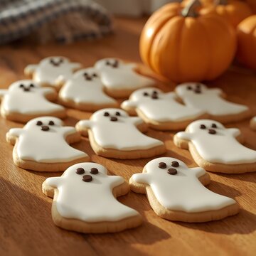 Handmade Halloween Ghost Sugar Cookies with White Royal Icing and Chocolate Eyes on a Rustic Wooden Background