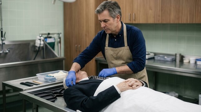 Mortician Preparing Deceased For Viewing In Clinical Setting