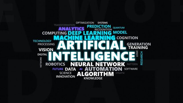 A 12-second premium AI / Artificial Intelligence kinetic typography word cloud. Features a dense, tightly packed typographic mass with cinematic depth, glowing cyan accents, subtle film grain to preve
