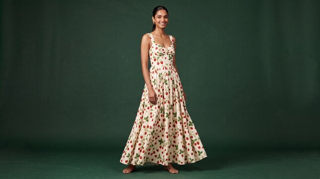 Beautiful woman wearing a white strawberry print maxi dress posing against a dark green studio background