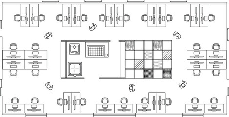 Fototapeta premium Top down architectural line art floor plan of modern open office space with desks and working peopleTop down architectural line art floor plan of modern open office space with desks and working people