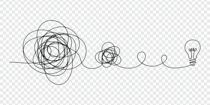 One continuous line drawing of way from chaotic to simplicity and lightbulb. Concept of problem solving and business solutions in simple linear style. Editable stroke. Doodle vector illustration.