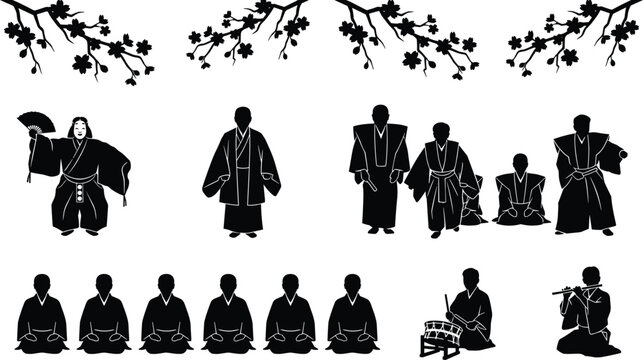 Traditional Japanese Noh theater performance vector silhouette set featuring actors musicians and cherry blossom branches