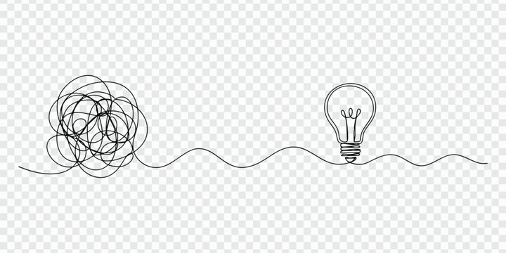 A single continuous line drawing showing a messy tangled scribble turning into a clear light bulb idea symbol representing the creative process of problem solving and thinking clearly