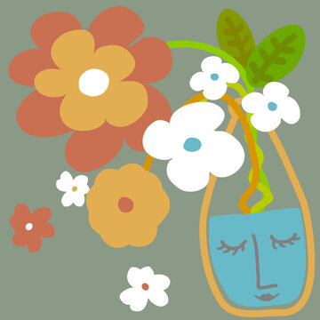 Charming retro vector illustration of a ceramic face vase with a peaceful sleeping expression holding flowers in warm earthy tones.