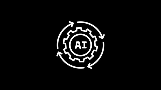  White gear icon for settings and technical process visualizations. Ai technology icon animation. Animated line half cogwheel with digital data streaming