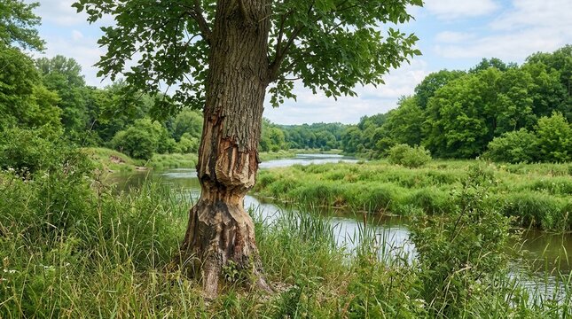 Evidence Of Beaver Activity By A Gently Flowing River In A Lush Green Landscape