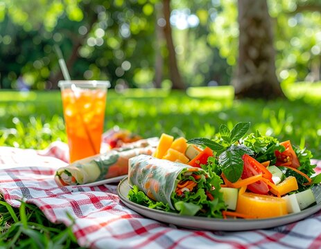 Fresh Garden Rolls and Crisp Salad Set for a Peaceful Outdoor Picnic Lunch