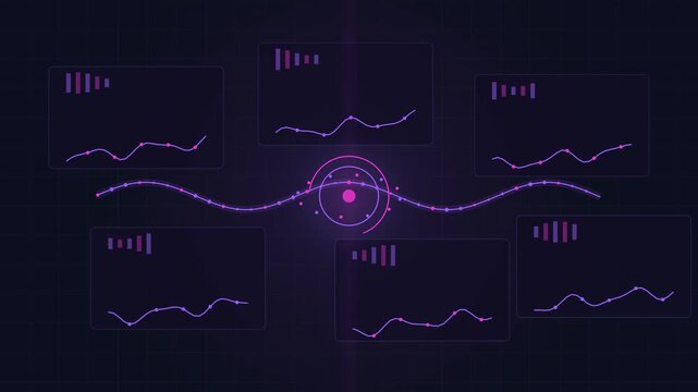 Futuristic digital data analytics dashboard with glowing purple neon line graphs charts and audio soundwave interface concept