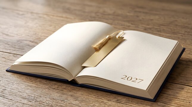 Open blank book with golden tassel bookmark resting on wooden table displaying year 2027 on page corner for education and future planning concept.