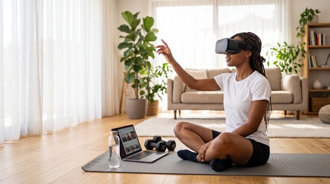 Young African American woman wearing VR headset while exercising on a yoga mat in a bright living room