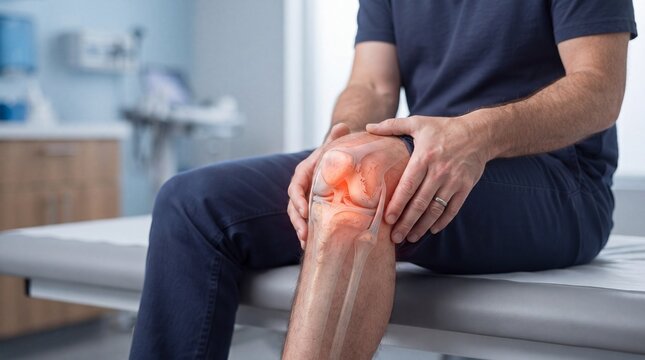 Close Up of Man Holding Painful Knee with Detailed Joint Anatomy Overlay