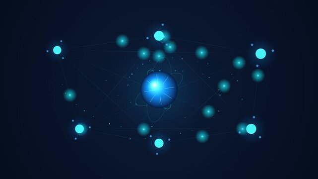 Dynamic digital network background featuring glowing blue data connections and abstract spheres, representing global communication, advanced technology, and information processing