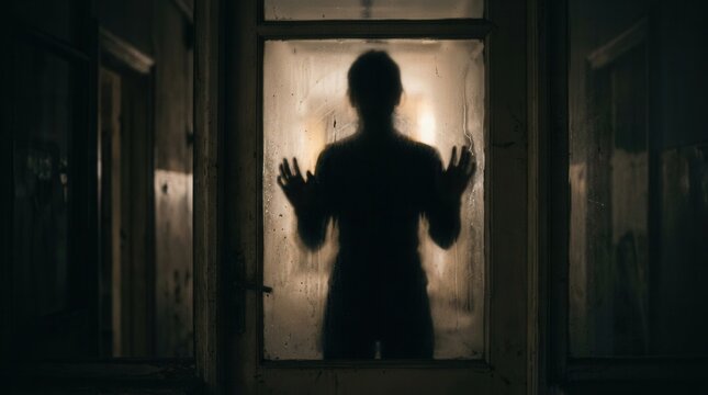 Mysterious Figure Silhouette Behind Frosted Glass Door In Dark Room