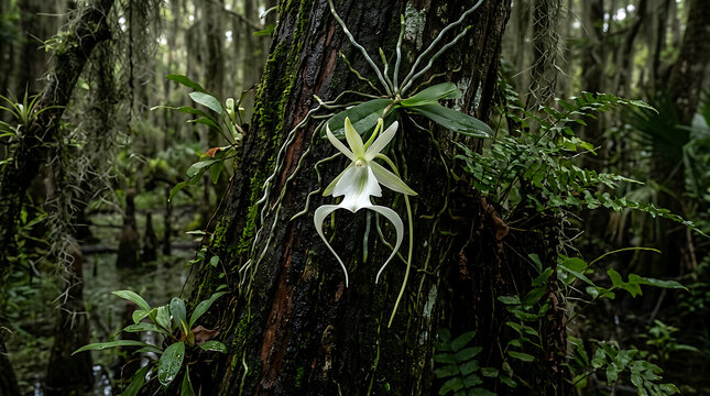Rare White Orchid Growing on Forest Tree Trunk.