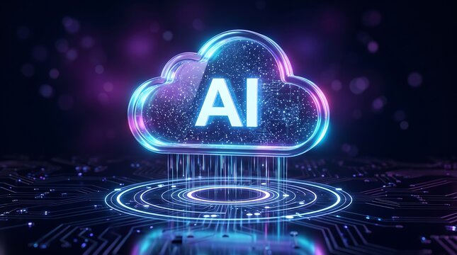 Digital cloud icon with glowing circuit board pathways symbolizing artificial intelligence and cloud computing infrastructure for modern data management and web services