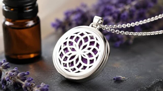 Silver locket necklace with purple floral design and essential oil  