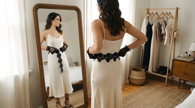 Young woman in white slip dress and black gloves looking in a full length mirror at home