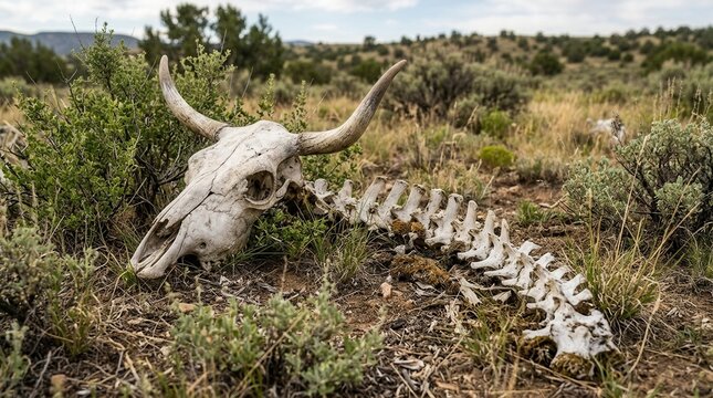 Dry Arid Desert Landscape With A Cow Skull And Bones Resting Amongst Sparse Brush