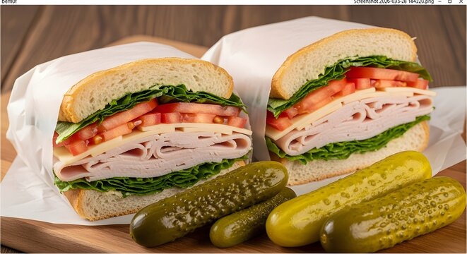 Two fresh deli sandwiches with turkey, cheese, lettuce, and pickles