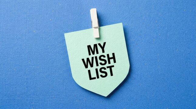My Wish List text on light green paper note. Fastened with a small wooden clothespin on a textured blue background. Flat lay photo
