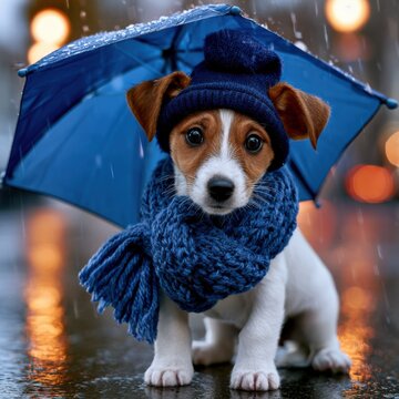Jack Russell Terrier With Umbrella on Rainy Day