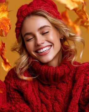 Woman in Red Sweater, Enjoying Leaves
