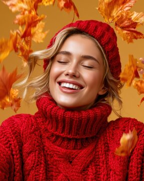 Joyful Woman in Red Sweater and Beanie With Leaves
