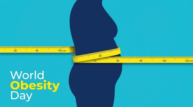 World obesity day health campaign banner. Silhouette of human body measured with yellow tape. Medical design for wellness