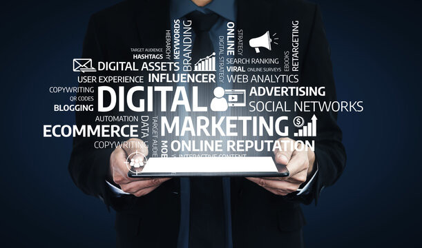 A professional businessman showcases various digital marketing terms, emphasizing the importance of strategies, analysis, and tools for success in the modern business landscape. Tessel