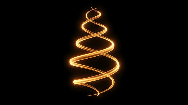 Abstract glowing golden spiral light trail forming a christmas tree shape isolated on a black background for holiday season festive design and decoration