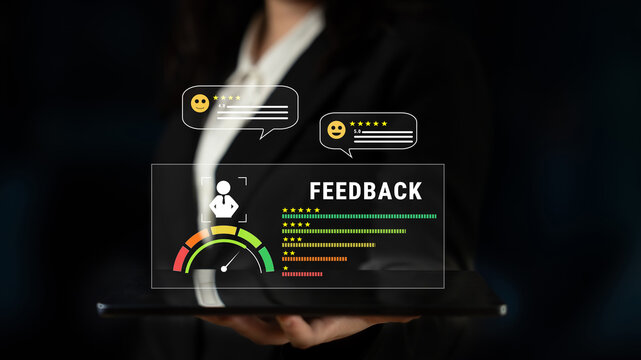 A system for collecting customer feedback and measuring service quality. A dashboard with user reviews, ratings, and a satisfaction meter. Motif