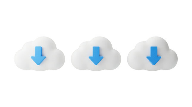 3d render of three white fluffy clouds with blue download arrows pointing down, isolated on transparent background