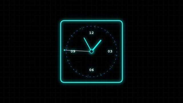 Neon digital clock with ticking second hand over glowing grid background footage.