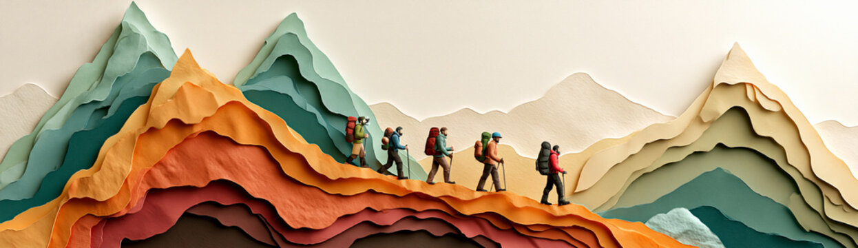 Five hikers trekking along colorful layered mountain ridges in a stylized paper art landscape.