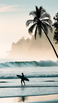 A surfer walks along the beach with a surfboard under a leaning palm tree as gentle waves roll in at sunrise or sunset.