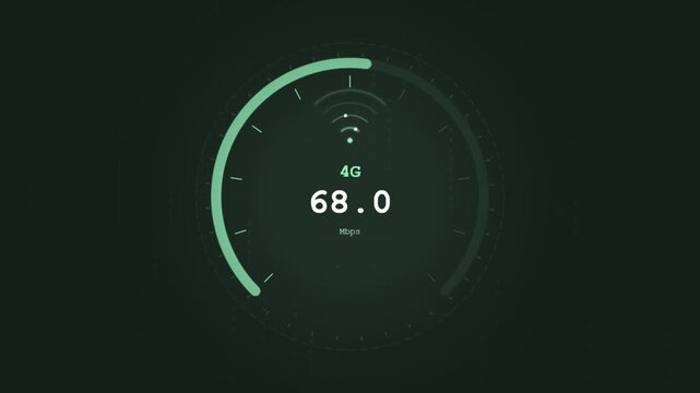 3G 4G 5G speed test evolution meter animation, real-time data bandwidth benchmark loop 4k