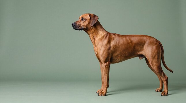 Majestic Rhodesian Ridgeback dog standing in profile against a solid green studio background