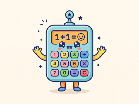 Cute blue cartoon calculator character with star antenna waving hands, showing simple math equation 1+1 on screen with colorful numbered buttons.