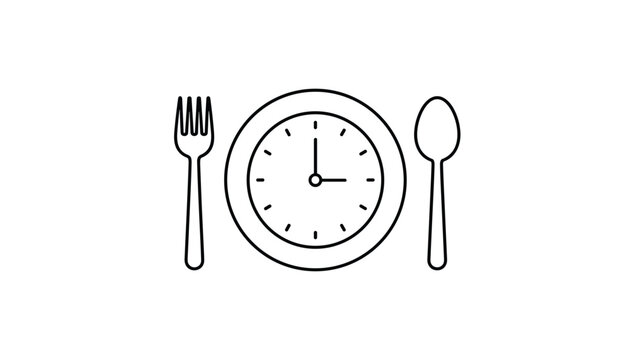 Minimalist outline icon of a dinner plate with a clock face inside flanked by a fork and a spoon representing dining times.