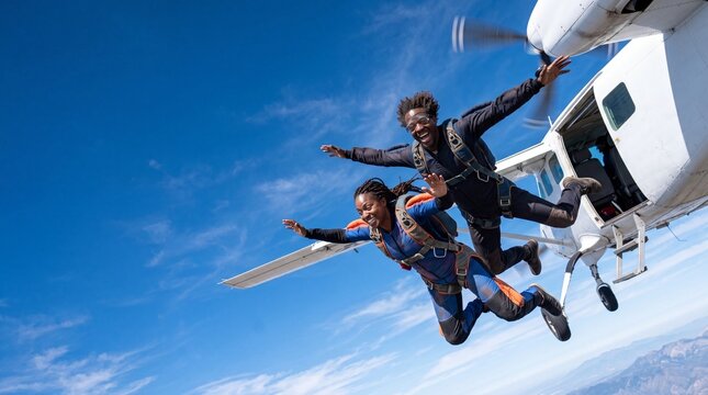 Happy African American couple jumping out of a plane for a skydiving adventure in a clear blue sky
