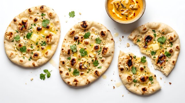 Freshly baked garlic naan bread served with a side of creamy dipping sauce.