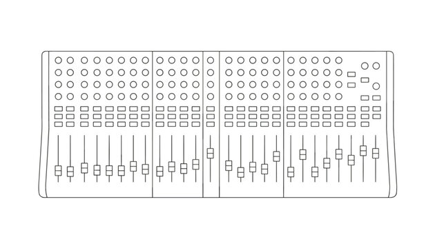 Outline drawing of a large professional audio mixing console with sliders and knobs for sound control.