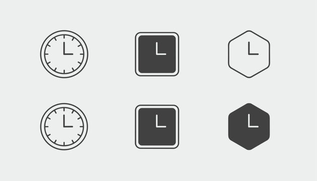 Grid of six different clock icons featuring round square and hexagon shapes in outline and filled versions.