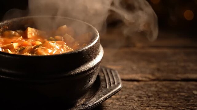 Steaming Korean kimchi stew in a traditional earthenware pot on a rustic wooden table