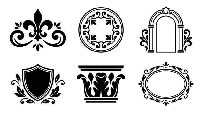 Set of damask and vintage ornamental elements, floral fleur de lis, heraldic shield, arched frame, classical architecture, elegant vector design