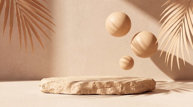 3D minimal stone podium with floating wooden spheres and dry palm leaves shadows